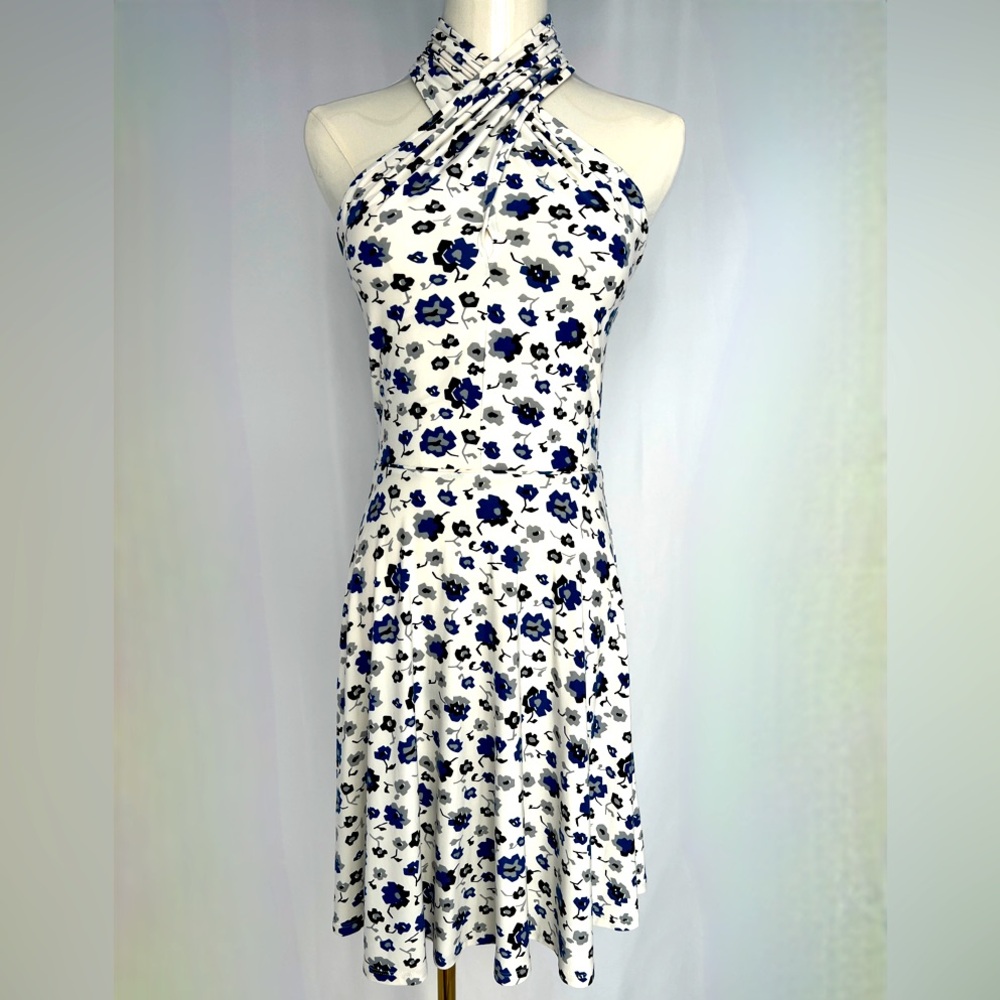 Free People White Halter Floral Dress with Blue and Black Accents